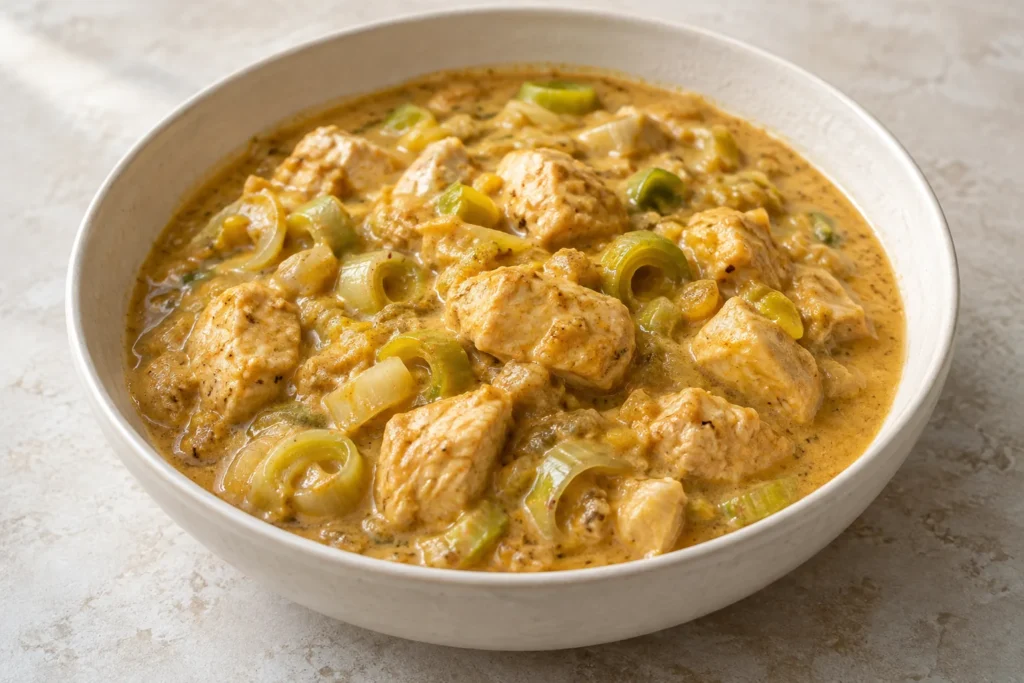 Chicken korma with tender chicken pieces and leeks in a creamy coconut sauce.