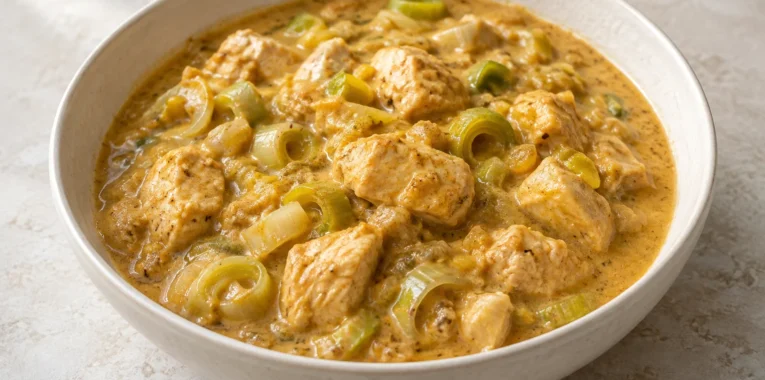 Chicken korma with tender chicken pieces and leeks in a creamy coconut sauce.