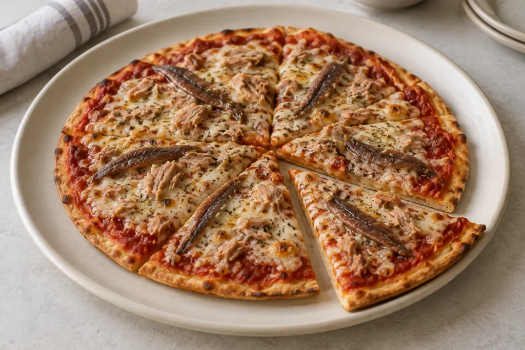 Thin-crust pizza topped with tuna, anchovies, melted cheese and mixed herbs.
