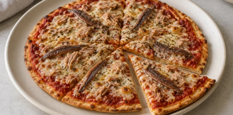 Thin-crust pizza topped with tuna, anchovies, melted cheese and mixed herbs.