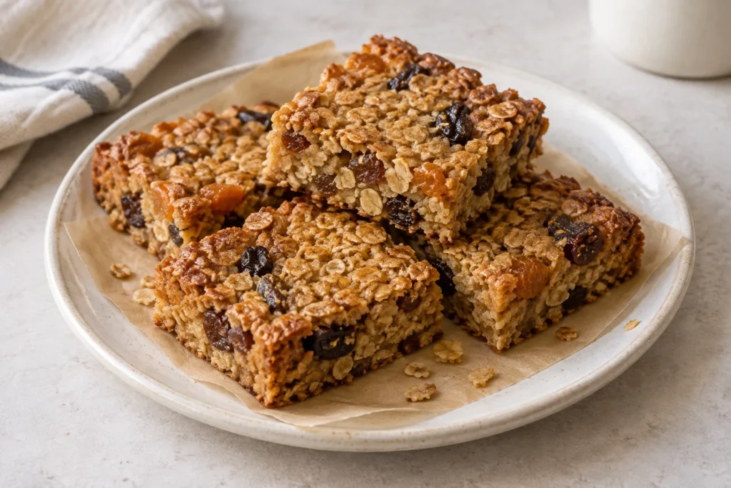 Golden oat flapjack squares with raisins and pieces of dried apricot.