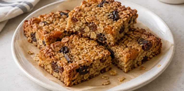 Golden oat flapjack squares with raisins and pieces of dried apricot.