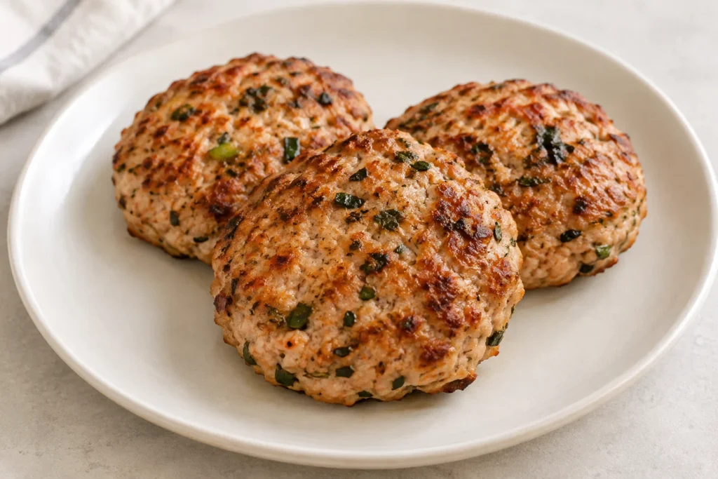 Golden baked turkey burger patties with chopped herbs and spring onion.