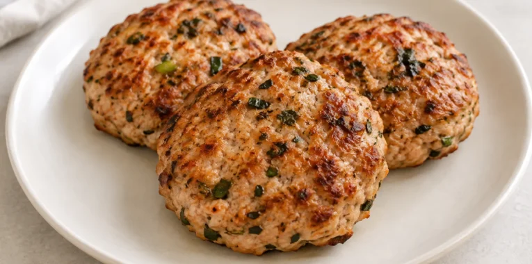 Golden baked turkey burger patties with chopped herbs and spring onion.