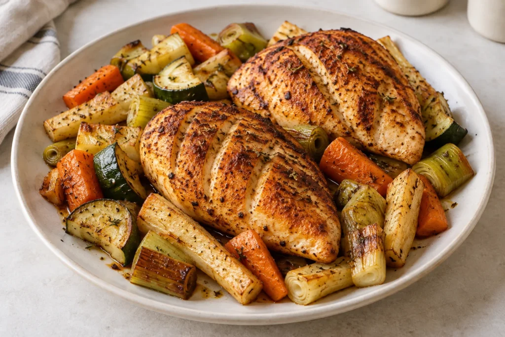 Paprika-roasted chicken breast with carrots, parsnips, leeks and courgettes.