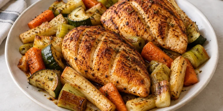 Paprika-roasted chicken breast with carrots, parsnips, leeks and courgettes.