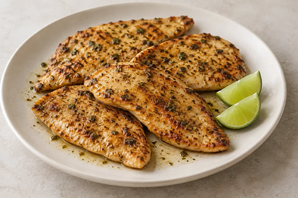 Golden pan-seared chicken fillets with lime, oregano and coriander seasoning.