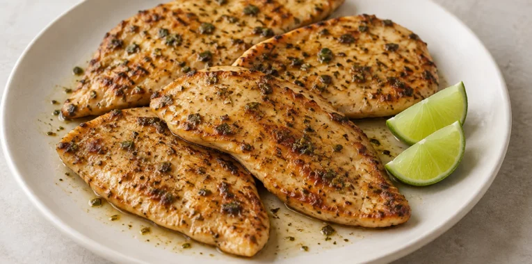Golden pan-seared chicken fillets with lime, oregano and coriander seasoning.