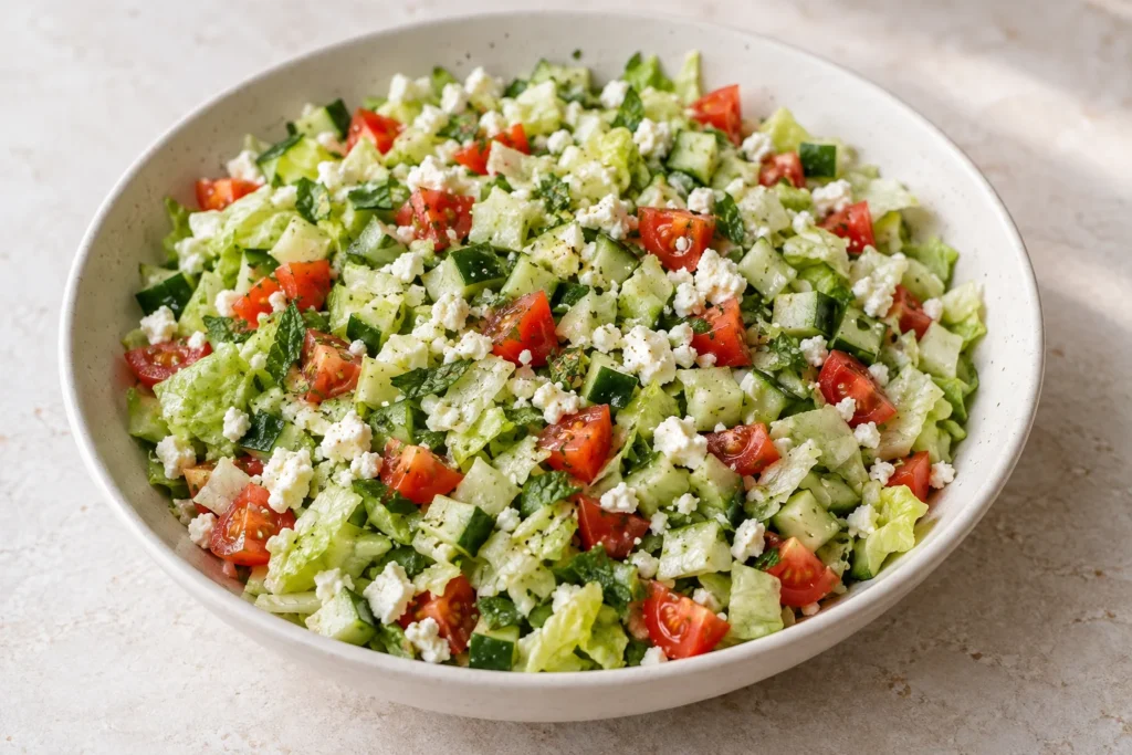 Finely chopped feta salad with iceberg lettuce, cucumber, tomatoes and mint.