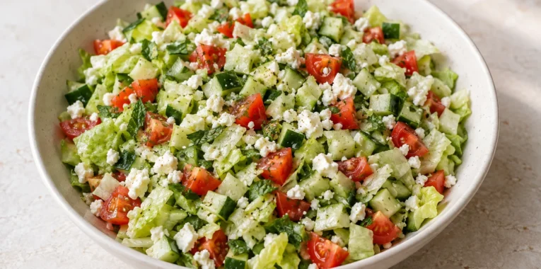 Finely chopped feta salad with iceberg lettuce, cucumber, tomatoes and mint.