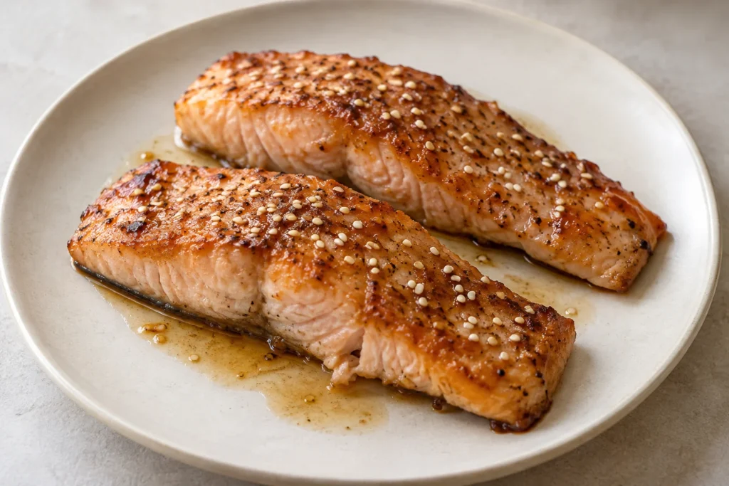 Two honey glazed salmon fillets sprinkled with sesame seeds.