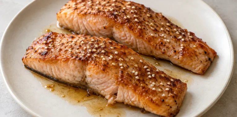 Two honey glazed salmon fillets sprinkled with sesame seeds.