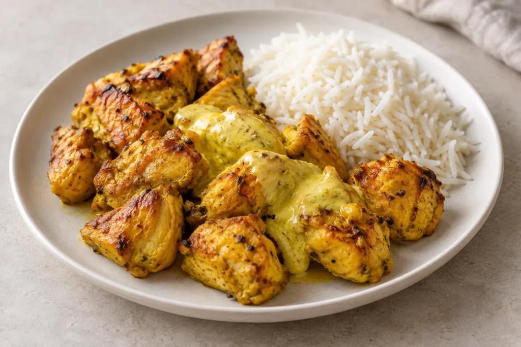 Golden saffron chicken pieces with rice and a creamy yellow sauce.