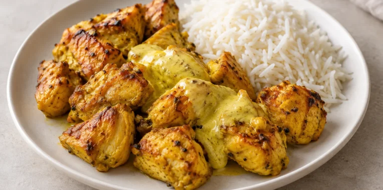Golden saffron chicken pieces with rice and a creamy yellow sauce.