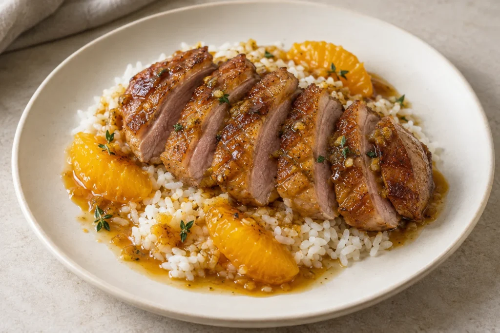 Sliced orange honey duck with orange segments, thyme and rice.