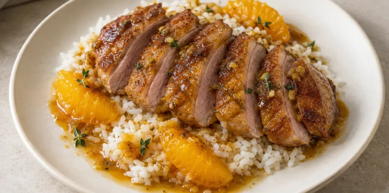 Sliced orange honey duck with orange segments, thyme and rice.